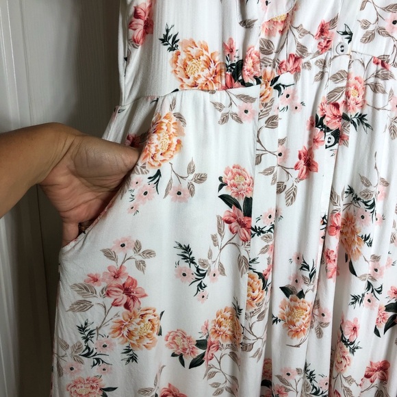 Torrid Off White Floral Print Pockets Button Down Short Sleeve Midi Dress 1/1X - Picture 6 of 16